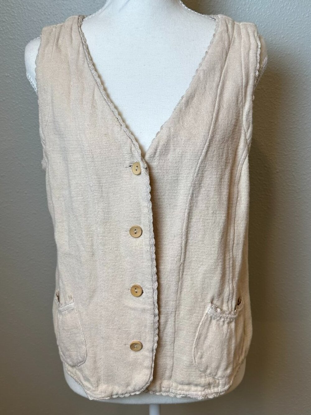 Kleen Vintage Button Front Vest Crochet Trim Neutral Beige Med Lagenlook Boho